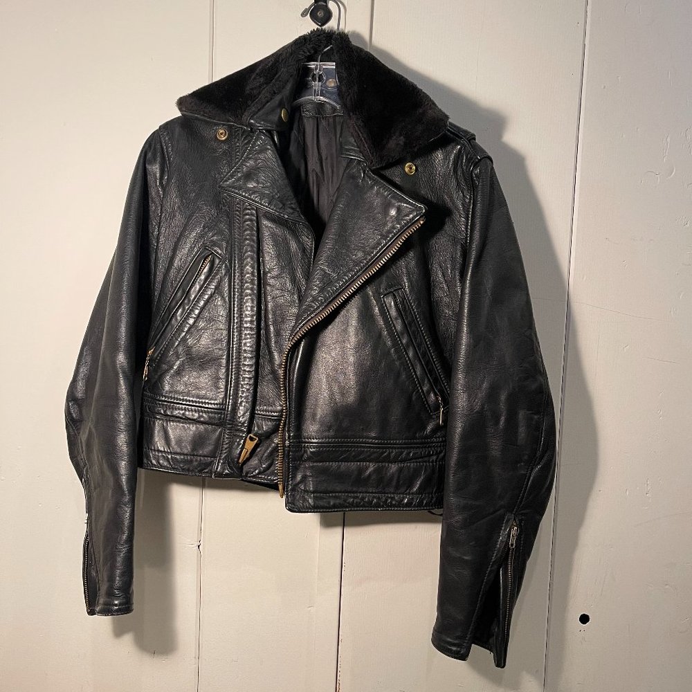 Lancer Leather Custom Vintage 70s Motorcycle Jacket Black Leather Fur Collar